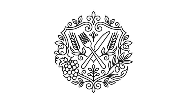 Culinary crest with fork, knife, and organic motifs.