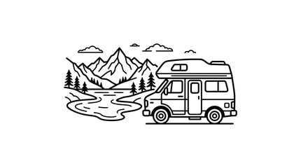 Obraz premium Camper van driving through mountain landscape line art.