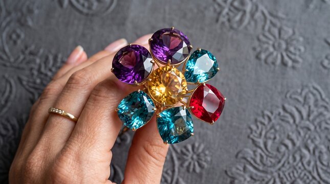 Hand Holding a Vibrant Faceted Gemstone Brooch with Purple, Blue, Red, and Yellow Stones. Floral Jewelry Design with Gold Setting.