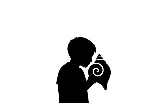 Boy listening to a large conch seashell silhouette on a plain white background.