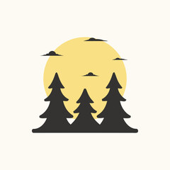 Obraz premium Minimalist pine tree silhouette with large sun in flat retro style. Flat Vector illustration.