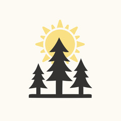 Obraz premium Minimal flat illustration of evergreen trees with sun behind. Flat Vector illustration.