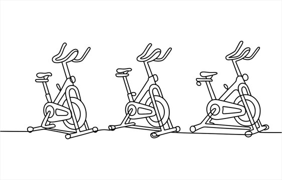 Three stationary exercise bikes drawn in a simple continuous line art style for fitness and gym concepts