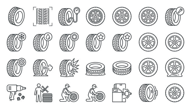 Car tire service and repair line icon set featuring wheel replacement blowout puncture alignment and auto mechanic symbols