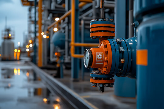 Industrial pipeline with pressure gauge and valves in a chemical plant