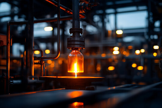 Molten glass being shaped in an industrial manufacturing facility