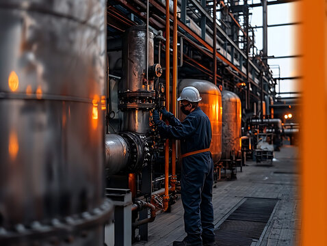 Industrial worker in protective gear operating complex machinery at a chemical plant