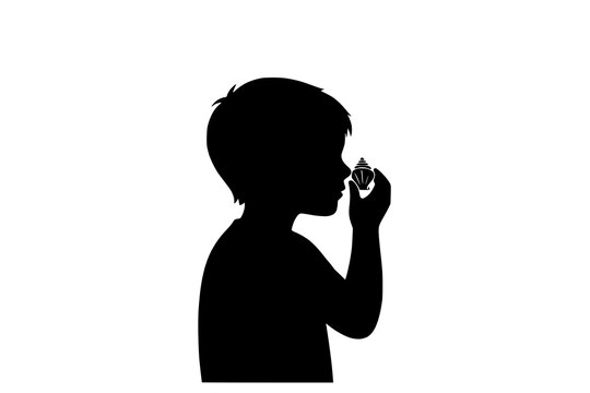 Boy smelling a small flower silhouette on a white background representing the sense of smell.