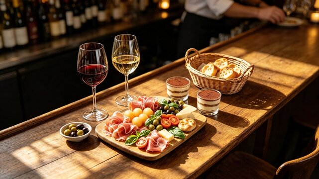 Charcuterie platter, red and white wine glasses, Suitable for restaurant promotional banners, wine tasting events, food blog illustrations, drink‑menu layouts and hospitality social‑media visuals.