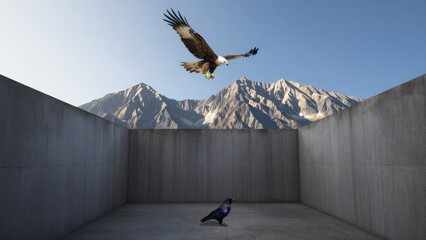 Naklejka premium Majestic Eagle in Mid-Flight Above a Raven in Concrete Environment