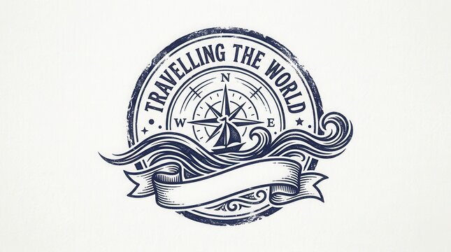 Vintage black and white travelling the world circular badge emblem with a nautical compass and ocean wave design element