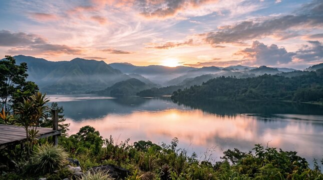 Sunrise Over Lake Toba with Misty Mountains and Colorful Sky. Scenic Nature Landscape with Reflection on Water and Tropical Plants