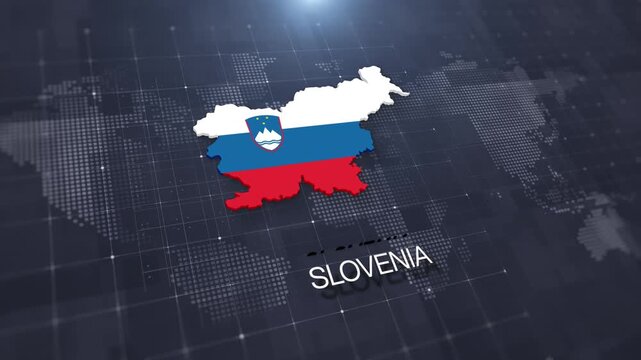 Slovenia map with national flag on digital world map background, geographic border, global political and international news concept