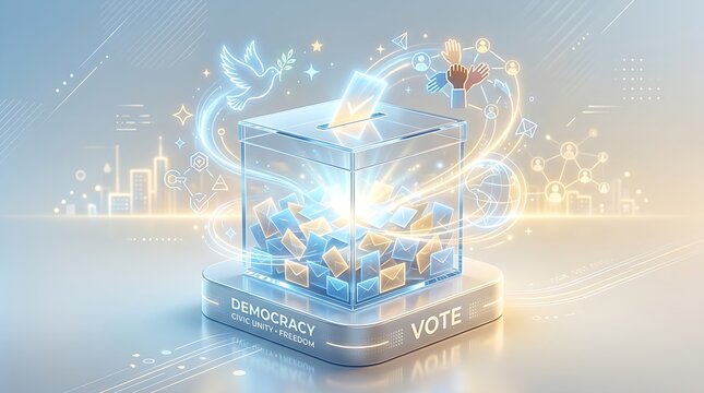 Digital transparent ballot box illustrating civic engagement democracy freedom and social participation through glowing graphics with global connectivity clean background