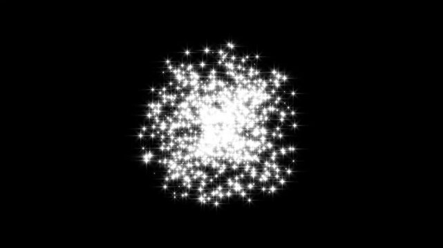 Radiant white star cluster 4K glitter explosion and twinkling stardust particle animation on black background