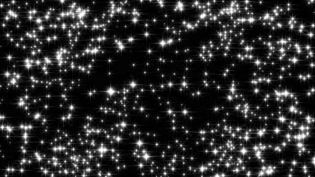 Blinking white star sparkles and glowing glitter particles 4K video overlay on black background