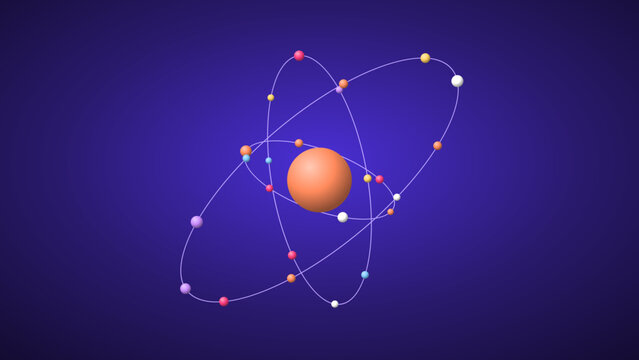 3d render of an atom model with a central nucleus and orbiting particles on a dark blue background transparent background