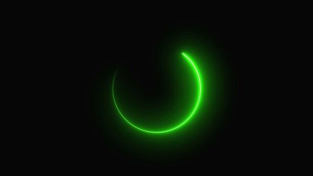 Glowing green neon loading circle icon with a bright circular light effect for digital user interface design elements isolated on a plain black background for simple web graphics