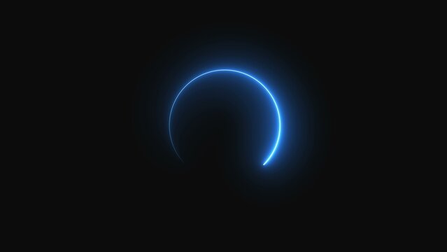 A bright glowing blue neon light circle ring loading animation element isolated on a dark background for modern technology digital interface design and web loading screen graphics