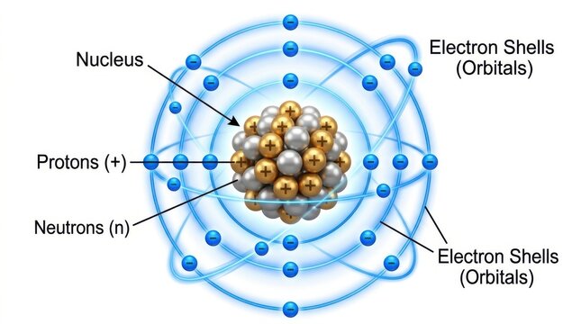 Educational diagram of an atom showing the central nucleus with protons neutrons and orbiting electrons in shells