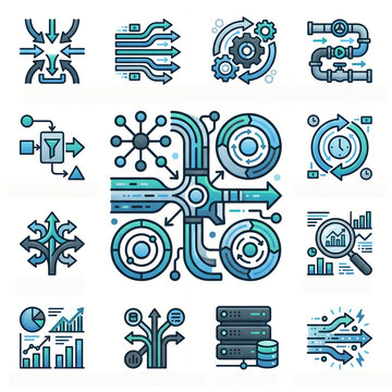 Abstract Data Flow Icon Collection with Data Pipeline Analytics and Information Processing Symbols