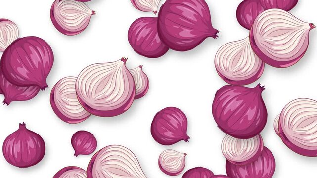 Falling Red Onion Slices and Whole Bulbs on White Background