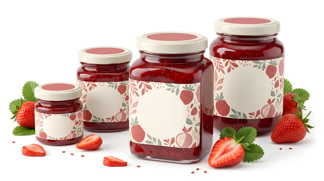 Multiple glass jars of strawberry jam with blank labels and fresh berries on a white background for branding mockups, food packaging design, and marketing materials.