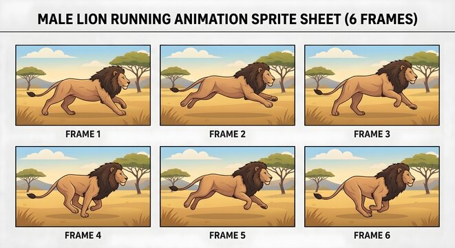 Cute cartoon male lion running animation sprite sheet with 6 frames for game design