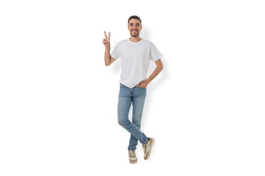 Young man poses casually in a plain t-shirt, PNG