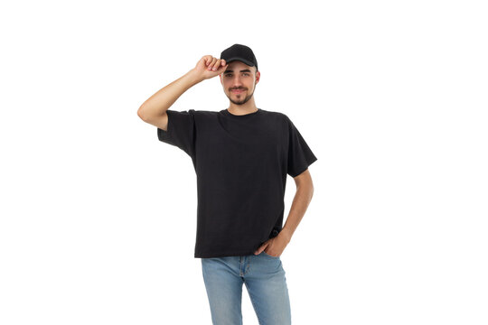 Man shows casual style with a t-shirt and cap, PNG