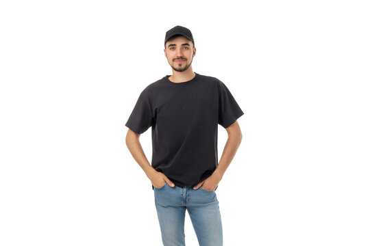 Man stands with hands in pockets wearing a t-shirt, PNG