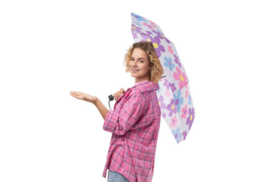 Smiling with a bright umbrella in hand, isolated on white, PNG