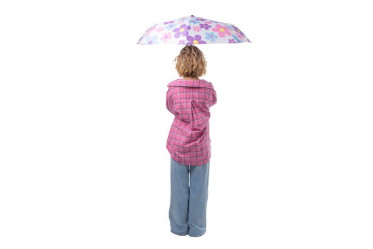 Person with a floral umbrella for rain, isolated on white, PNG