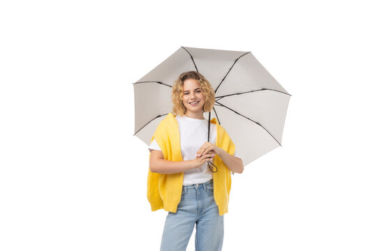 Happy woman with an umbrella, isolated on white, PNG