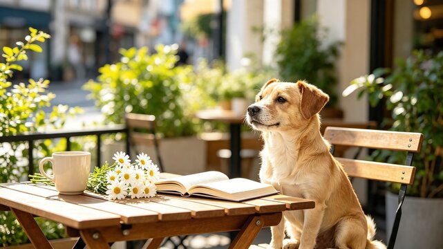 Cute light‑brown dog sitting at outdoor street cafe table with open book,shot for pet‑friendly‑cafe marketing, leisure‑themed blog articles, social‑media posts.