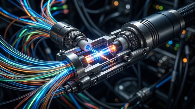 Fiber Optic Cable Connection with Glowing Light Pulses. High-Speed Data Transmission Technology. Digital Network Infrastructure De
