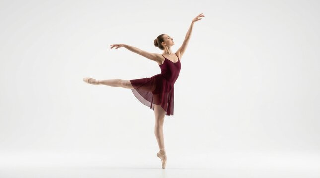 Graceful young ballerina in a dark red dress performing a beautiful ballet dance pose on her toes in the studio