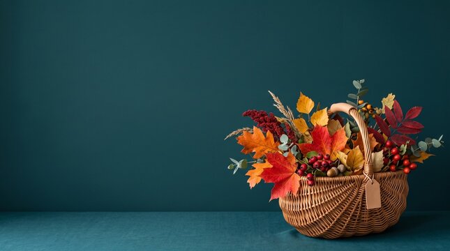 Autumn composition. Straw bag with autumn dried leaves on green background. Flat lay. Top view. Copy space. Fall season concept. Sustainable lifestyle. Zero waste, plastic free concept.