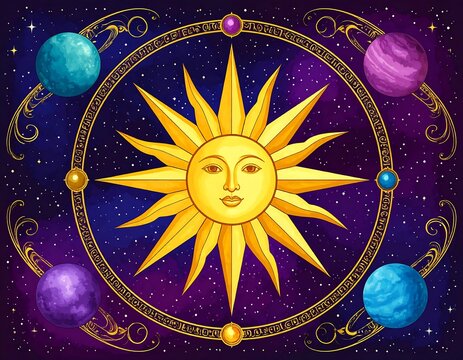 Radiant golden sunburst surrounded by ornate cosmic design.