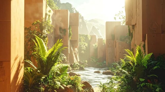 Cinematic Tropical Jungle with Monolithic Architecture