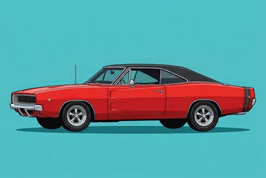 Classic Red American Muscle Car Illustration on Teal Background - 1960s Vintage Sports Coupe Side View
