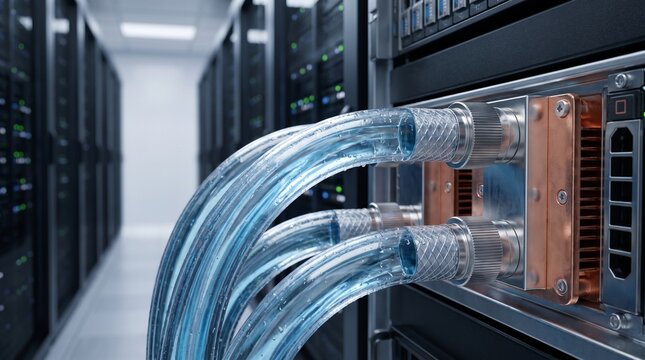 Liquid cooling system components inside a modern high performance data center server room.
