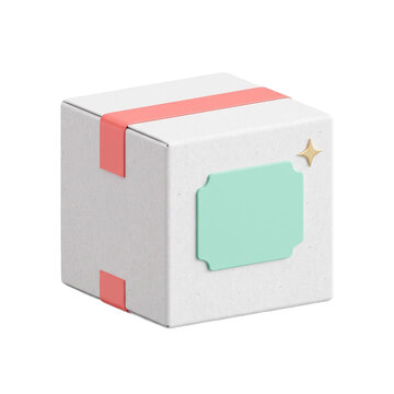 Minimalist white gift box illustration, a simple present package with a pastel green label and coral ribbon, ideal for e-commerce, unboxing, and holiday promotions.