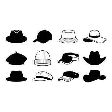 Variety of fashionable hats including fedoras baseball caps and cowboy hats in a black and white design
