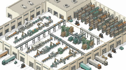 Obraz premium Factory interior featuring automated assembly lines, conveyor belts, storage racks, and loading dock trucks in isometric view.
