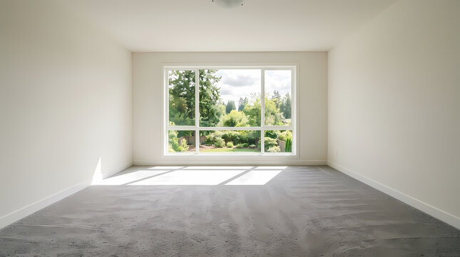 Empty modern room with gray carpet and large garden window