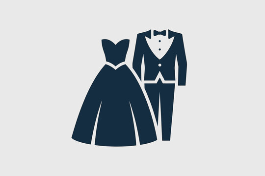 Formal dress and tuxedo icon elegant wedding attire in blue for bride and groom, vector illustration