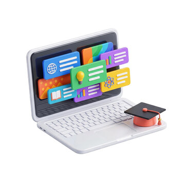 Online education 3D illustration, e-learning platform with colorful course modules, digital knowledge acquisition, and academic success concept