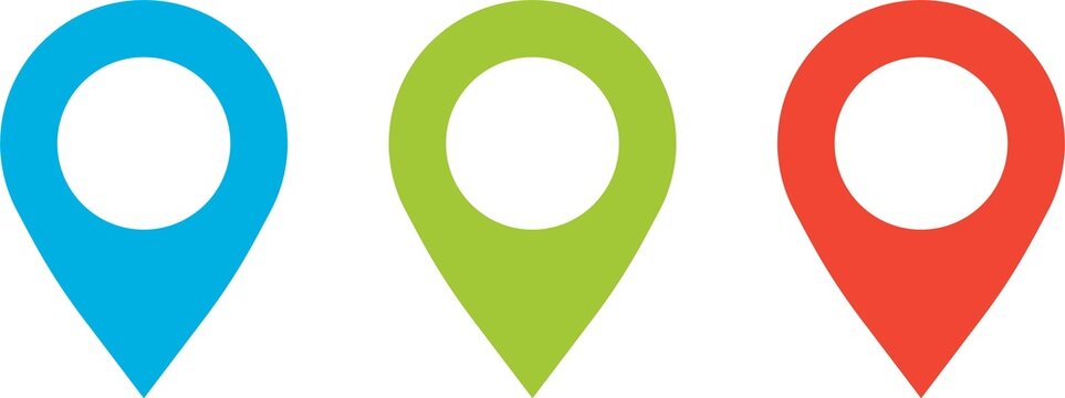Blue, green and red location pins. You are here. Vector hand drawn location pictograms collection.