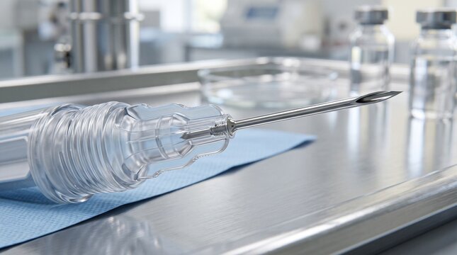 Medical Syringe with Needle in Transparent Barrel on Blue Cloth. Clinical Healthcare Tool, Sterile Laboratory Equipment, Medical P